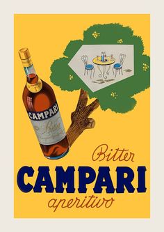 a bottle of campari next to an oven mitt on a yellow and blue background