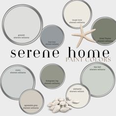 some white and gray paint colors with starfish on them, including the words serene home