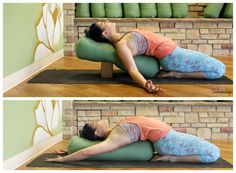 a woman laying on top of a green pillow in the middle of a yoga position