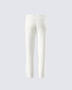 Make any day cuter and cozier with these white knit pants 🤍 Complete with a ribbed fold over top edge and wide leg fit, this piece is the perfect look for grocery store runs, self care days, and everything in between ✨ Winter White Loungewear Pants, White Relaxed Fit Knit Bottoms, Casual Knit Pants For Lounging, Cozy White Pants For Winter, White Stretch Knit Pants, Cozy White Winter Pants, Casual Knit Bottoms With Ribbed Waistband, Knit Bottoms With Ribbed Cuffs For Loungewear, Cozy White Ribbed Bottoms