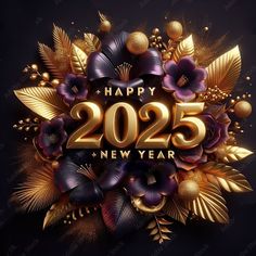 a happy new year card with gold and purple flowers