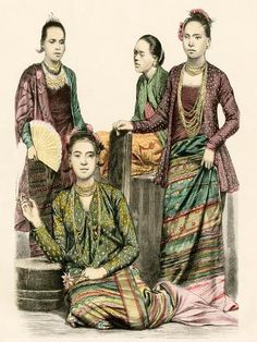 three women in traditional dress standing next to each other, one holding a fan and the other sitting down