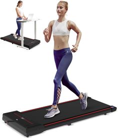 a woman is running on a treadmill while using her laptop computer to do exercises