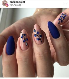 Navy Blue Bejeweled Ferns Feather Nails, Matte Black Nails, Stylish Nails Designs, Nail Design Inspiration, Blue Nail, Nailed It, Prom Nails, Pretty Acrylic Nails, Best Acrylic Nails