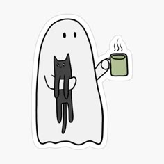 a sticker with a cat holding a cup of coffee