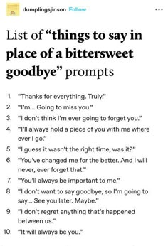 an article with the words, list of things to say in place of a bittersweet goodbye prom