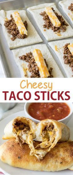 cheesey taco sticks on a white plate with sauce in the middle and an image of