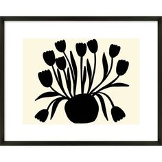 a black and white drawing of tulips in a vase on a cream background