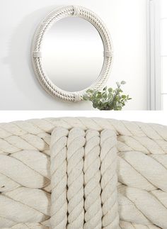 a white rope is next to a round mirror on the wall and another photo has a plant in it