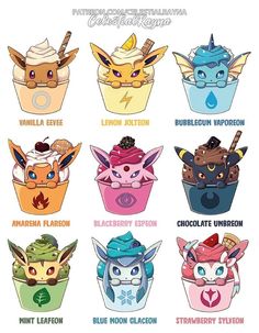 an image of pokemon cupcakes with different toppings on them, all in different colors