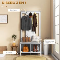 an image of a closet with clothing and shoes on it's shelves, labeled in spanish