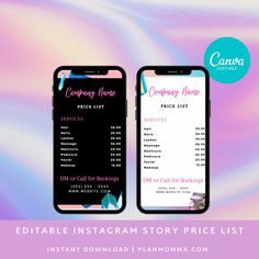 the editable instagram story price list is displayed next to an iphone