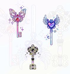 three different colored keys with hearts and wings on them