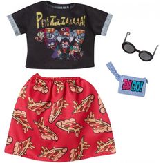 a doll is wearing a shirt and skirt with sunglasses on the top, and a pair of glasses