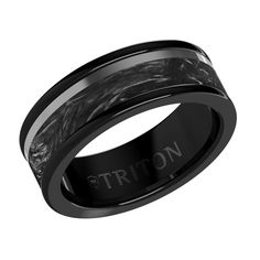 a wedding band with black ceramic inlays and an inscription on the side that reads triton