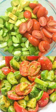 the salad has tomatoes, cucumbers, and green peppers on it in a white bowl