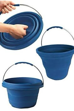 two buckets with handles are shown in three different positions, one being held by a hand and the other is holding a handle