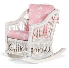 a white wicker rocking chair with pink and white fabric on the seat, against a white background