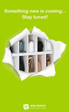 a green poster with white shelves filled with purses