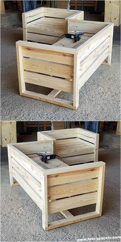 two pictures of the same wooden box with wheels on each side, and one is empty