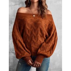 Elevate Your Casual Wardrobe With This Off-Shoulder Batwing Sleeve Textured Sweater In A Rich Rust Brown. Featuring A Flattering Off-The-Shoulder Neckline And Long Batwing Sleeves, This Pullover Combines A Relaxed, Regular Fit With A Touch Of Cozy Sophistication. The Medium-Stretch Fabric Ensures Comfort And Flexibility, While The Textured Design Adds A Stylish Twist. Perfect For Layering Or Wearing On Its Own, This Sweater Is A Versatile Addition To Your Collection. Brown Off-shoulder Tops For Fall, Textured Sweater, Textured Design, 2024 Fashion, Spring 2024, Fall 2024, Batwing Sleeve, Bat Wings, Casual Wardrobe