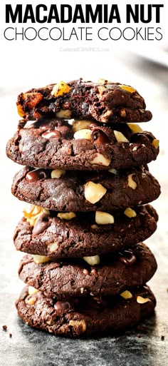 chocolate macadamia nut cookies stacked on top of each other with text overlay