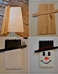 four different pictures of popsicle stick crafts with snowmen and scarecrows on them