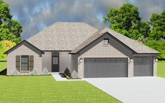 this is an artist's rendering of the front elevation of a house with two garages