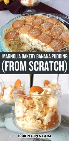 banana pudding from scratch in a glass dish with the words, how to bake bananas pudding from scratch