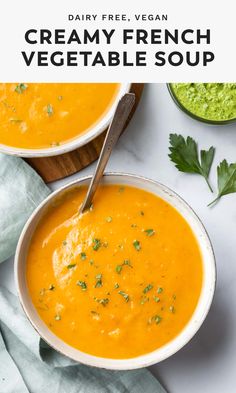 two bowls of soup with the title easy, dairy - free french potato aux legumes