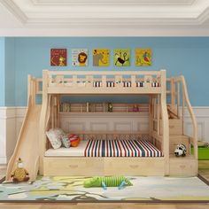 a child's bedroom with a bunk bed and slide in the middle, blue walls