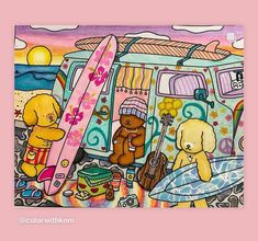 a painting of teddy bears and surfboards in front of a van