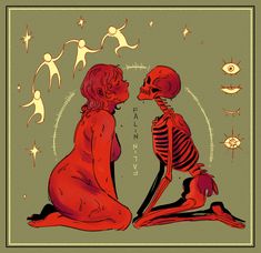 two skeletons sitting next to each other on a green background with stars and circles around them