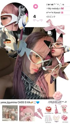 an ad for eyeglasses with pink hair and bows on the head, in front of a white background