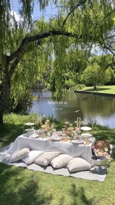 a table set up on the bank of a river