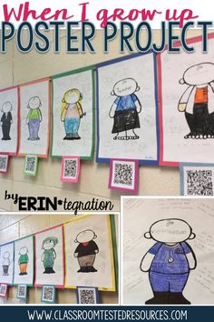 posters are hanging on the wall in front of children's drawings and words that read when i grow up, poster project