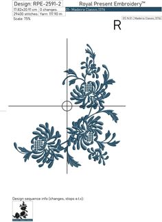 the royal present embroidery pattern is shown in blue and white, as well as an image of