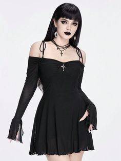 Sexy, Off-Shoulder, eng anliegendes Mesh-Kleid mit gedrehtem Knoten und gekreuztem Anhänger Schwarz Lässig  Langärmelig Strickstoff Halloween,Einfarbig A Linie Hoch-dehnbar  Women Clothing, size features are:Bust: ,Length: ,Sleeve Length: Halloween Simples, Mesh Bodycon Dress, Printed Sleeveless Top, Twist Knot, Black Party, Dress For Short Women, Long Sleeve Knit, Wide Leg Jeans, Women Lingerie