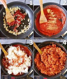 four pictures showing how to make an enchilada with rice and tomato sauce