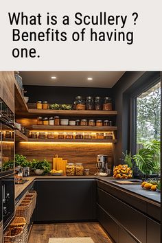 a kitchen with lots of shelves filled with food and plants on the counter top, next to a window that reads what is a scullery? benefits of having one