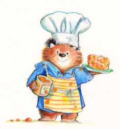 a drawing of a teddy bear wearing a chef's hat and holding a plate with food on it