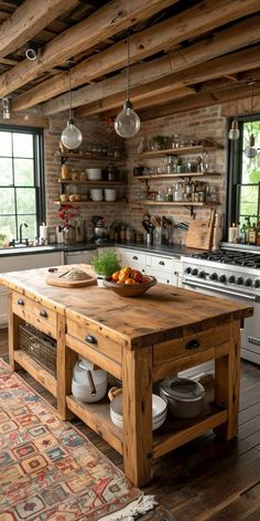 a rustic kitchen with an island in the middle