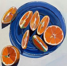 an oil painting of sliced oranges on a blue plate