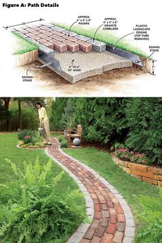 an image of a brick walkway being built in the yard with instructions on how to build it