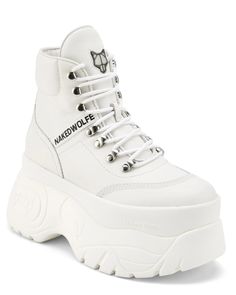 Big Platform Boots White, White Platform Chunky Boots, Wolf Boots White, Dollskill Shoes White, Naked Wolfe Shoe, White Combat Boots, Chunky Platform Sneakers, White Leather Boots, Naked Wolfe