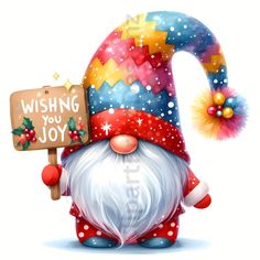 a christmas gnome holding a sign that says wishing you joy