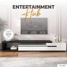 an entertainment unit with the words entertainment fluid on it in front of a white wall