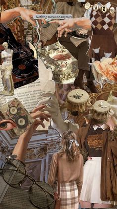 a collage of people dressed in old fashioned clothing and hats, holding up their hands