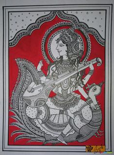 Madhubani Saraswati Painting, Saraswati Madhubani Painting, Saraswati Goddess Paintings Sketch, Saraswati Art, Madhubani Drawing, Painting Of Goddess, Saraswati Painting, Goddess Saraswati, Saraswati Devi