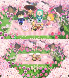 an animal crossing game is shown with flowers and picnics on the ground in front of it